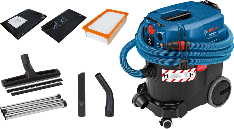 Bosch Professional GAS 35 H AFC avec flexible et accessoires, visuel du fabricant.