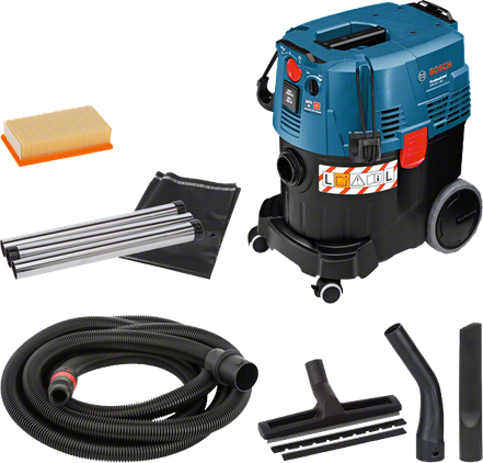Bosch Professional GAS 35 L AFC avec flexible et accessoires, visuel du fabricant.
