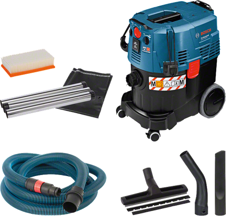 Bosch Professional GAS 35 M AFC avec flexible et accessoires, visuel du fabricant.